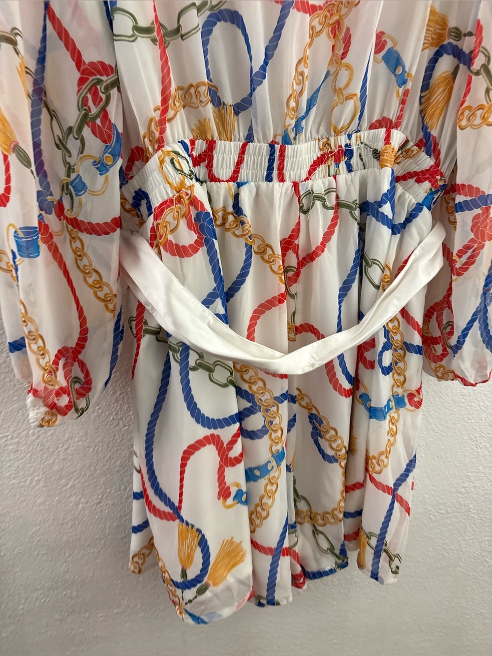 Miss Avenue dress white base with a vibrant red, blue, and gold chain print 2XL - Picture 6 of 7
